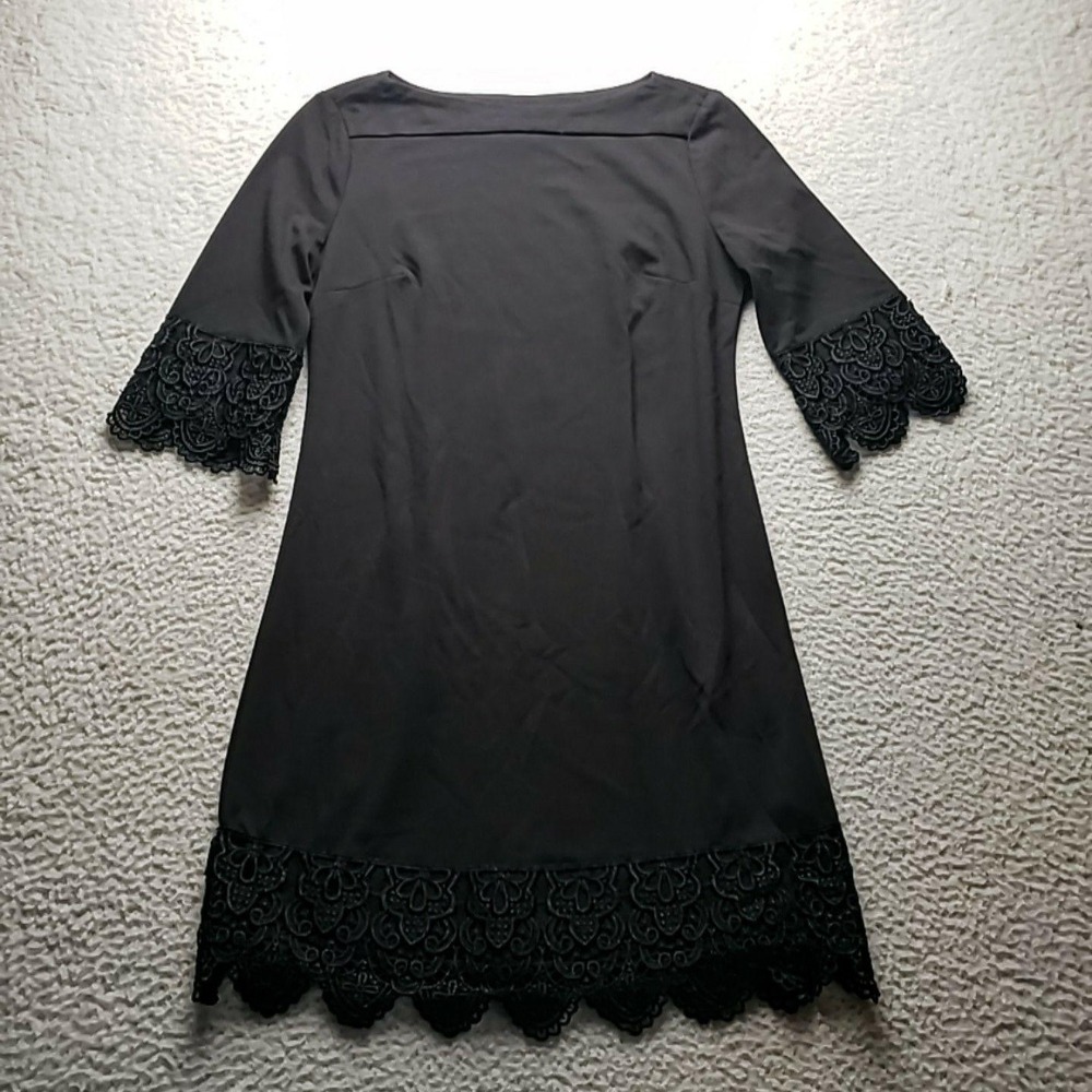 Beige By Eci Dress Womens 4 Black 3/4 Bell Sleeve Boat Neck Shift Crochet